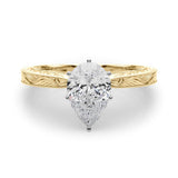 Yellow gold Pear Solitaire Milgrain Engraved Band with Four-Prong Setting 1