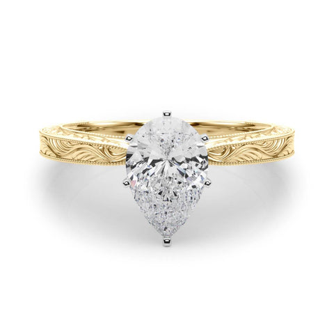 Yellow gold Pear Solitaire Milgrain Engraved Band with Four-Prong Setting 1