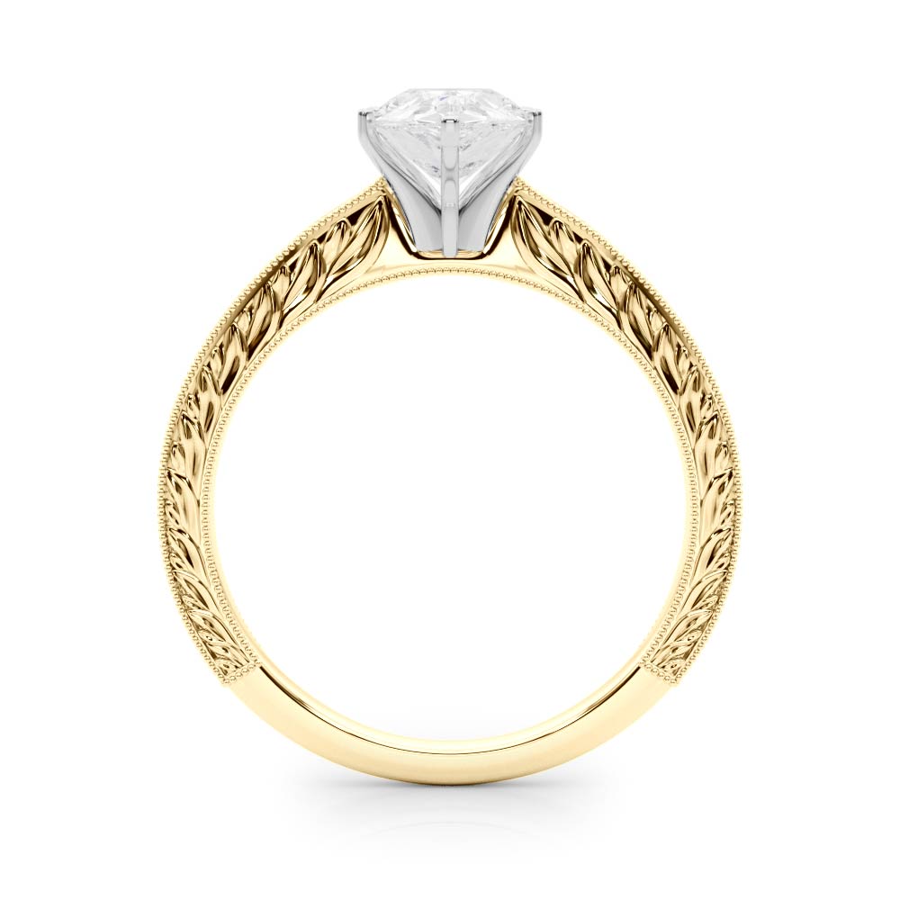 Yellow gold Pear Solitaire Milgrain Engraved Band with Four-Prong Setting 2