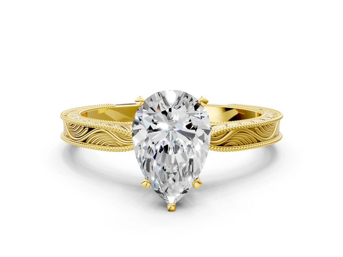 Yellow gold Pear Solitaire Milgrain Engraved Band with Four-Prong Setting_4