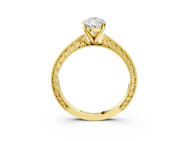 Yellow Gold Pear-Shaped Vintage Solitaire Engagement Ring Setting with Milgrain Engraved Band