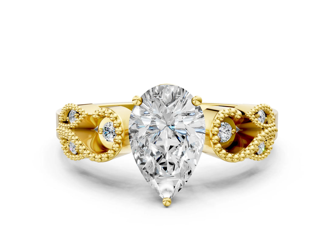 Yellow gold Pear Solitaire Milgrain Leaf Band with Prong Setting_4