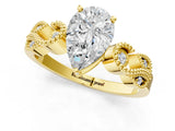 Yellow gold Pear Solitaire Milgrain Leaf Band with Prong Setting_5