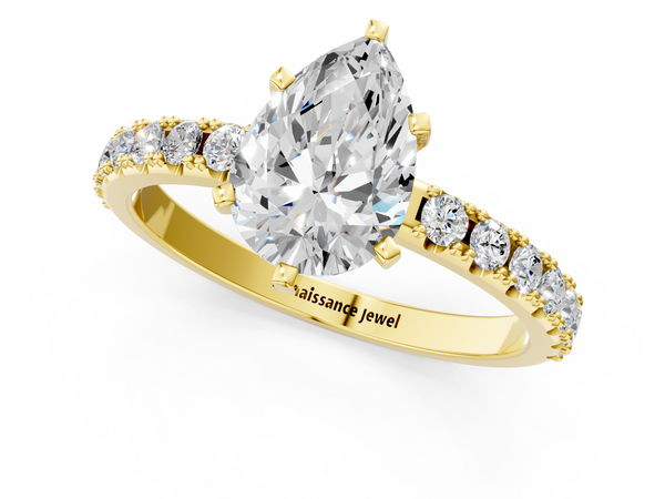 Yellow Gold Pear-Shaped Solitaire Engagement Ring Setting with Large-Stone Scalloped Pave Band