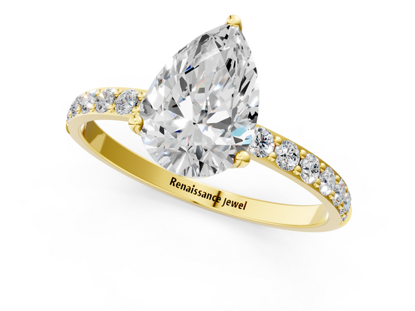 Yellow Gold Pear-Shaped Solitaire Engagement Ring Setting with Fine Line Pave Band