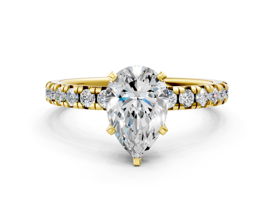 Yellow gold Pear Solitaire Pave Diamond Engagement Ring with Four-Prong Setting