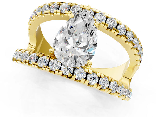 Yellow gold Pear Solitaire Split Shank Pave Diamond Ring