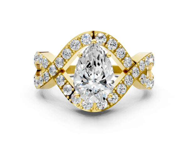 Yellow gold Pear Solitaire Twist Band Pavé Diamond Engagement Ring