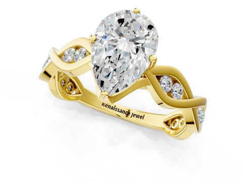 Yellow gold Pear Solitaire Twist Band with Leaf Prong Setting 1