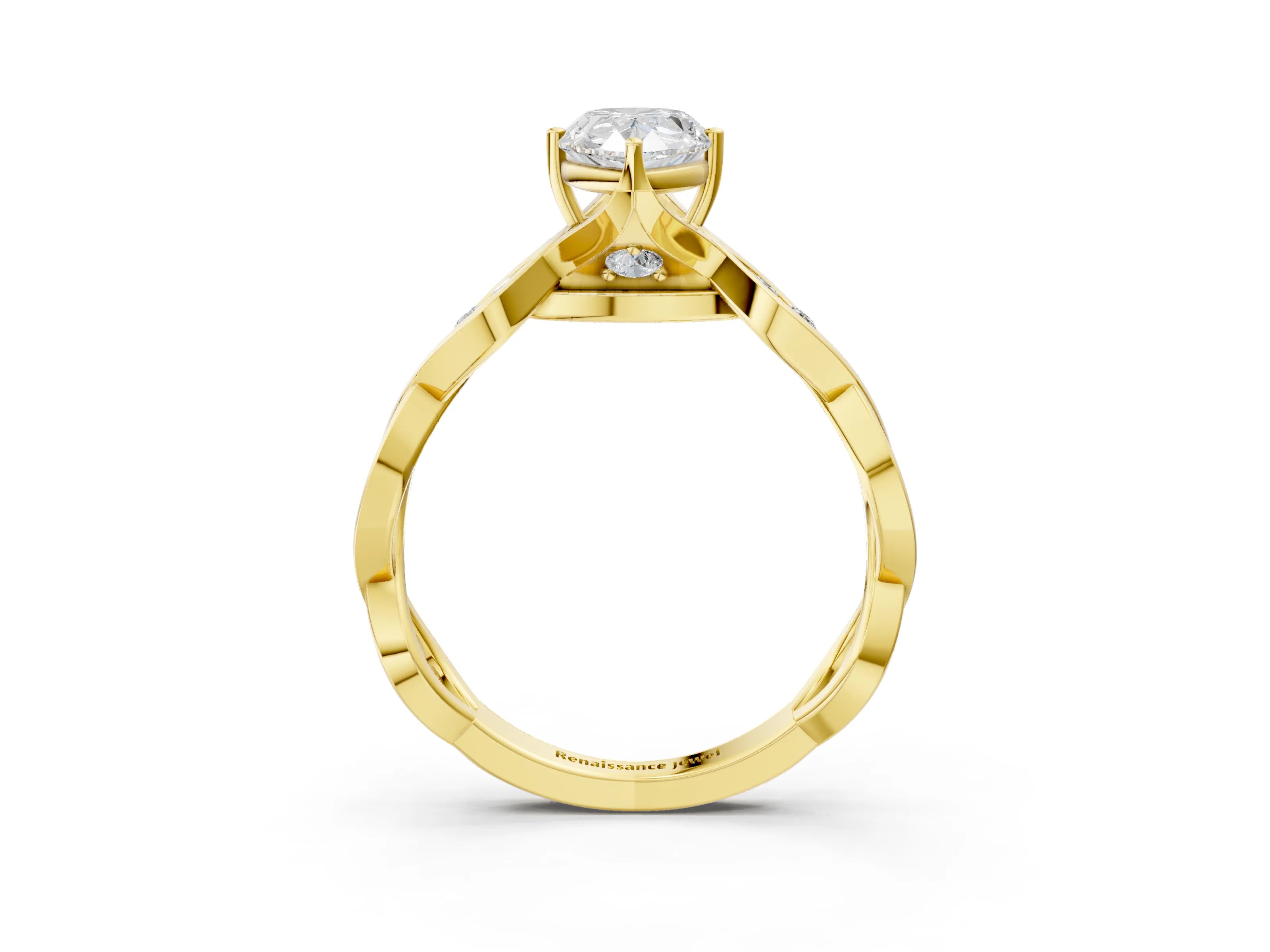 Yellow gold Pear Solitaire Twist Band with Leaf Prong Setting 3