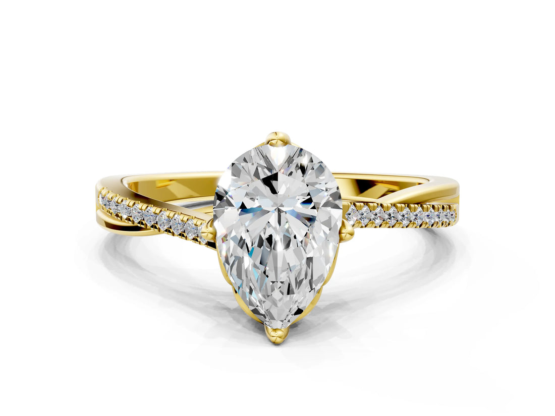 Yellow gold Pear Solitaire Twist Band with Pavé Diamonds and Four-Prong Setting_52