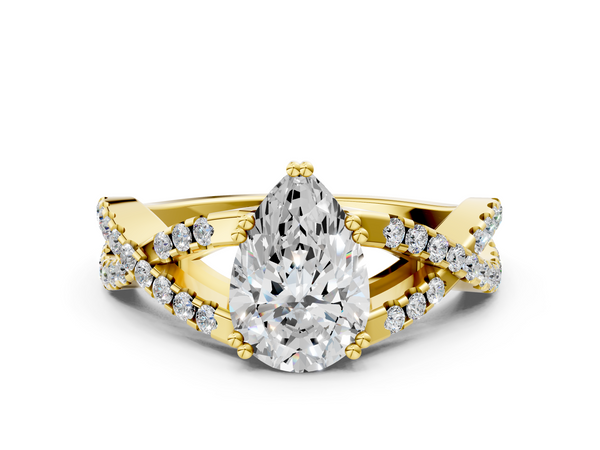 Yellow gold Pear Cut Diamond Solitaire Ring with Four-Prong Setting and Twisted Pavé Band