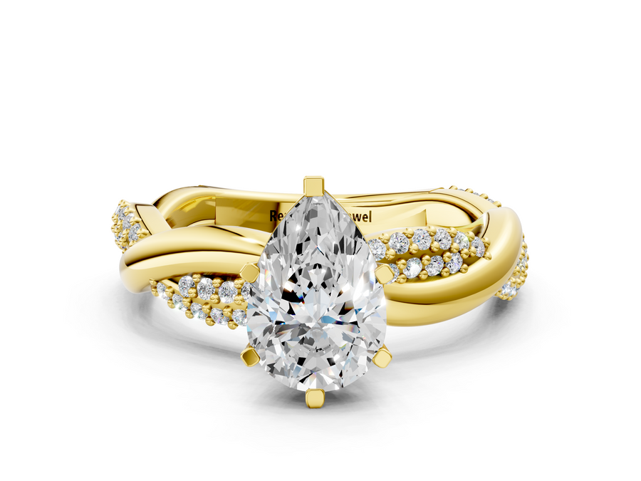 Yellow gold Pear Solitaire Twist Band with Pave Prong Setting