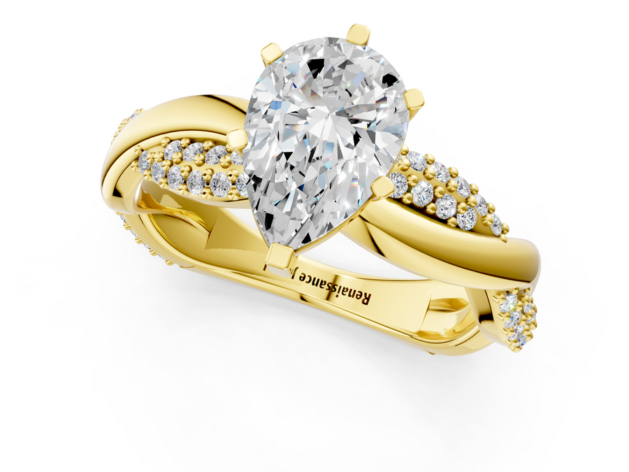 Yellow gold Pear Solitaire Twist Band with Pave Prong Setting