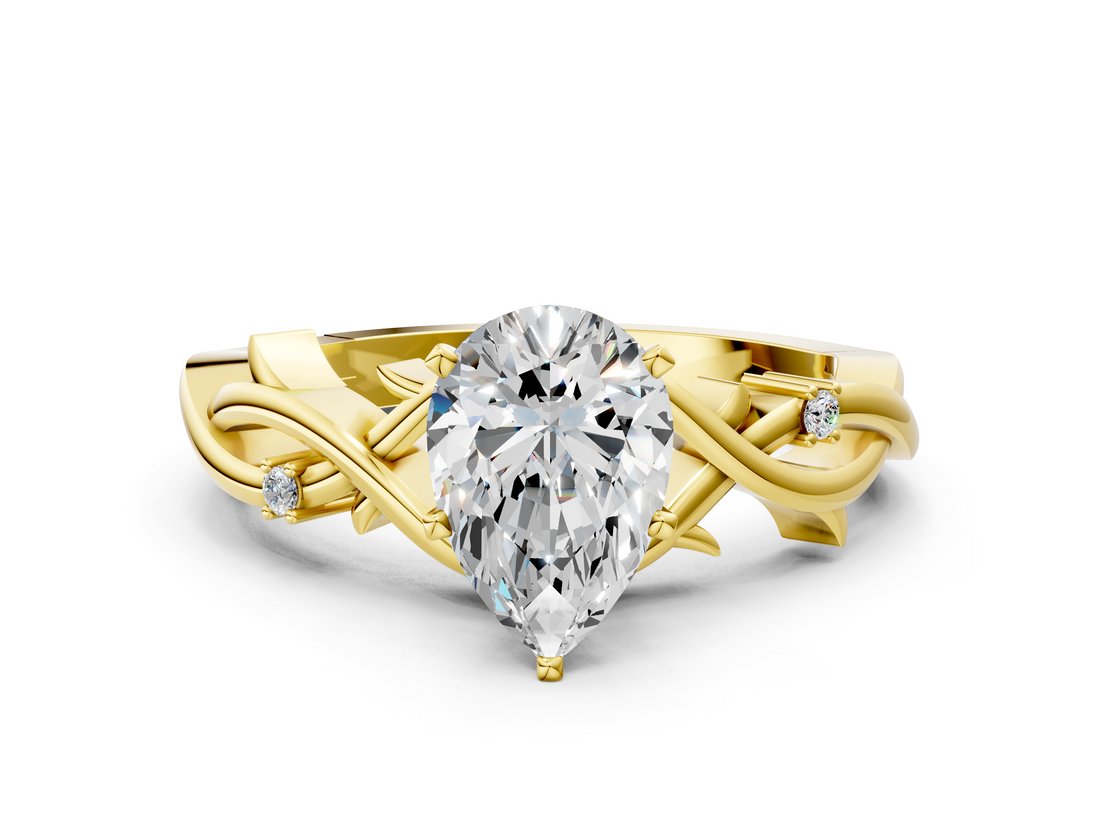 Yellow gold Pear Solitaire Twisted Band Prong Setting Ring_176