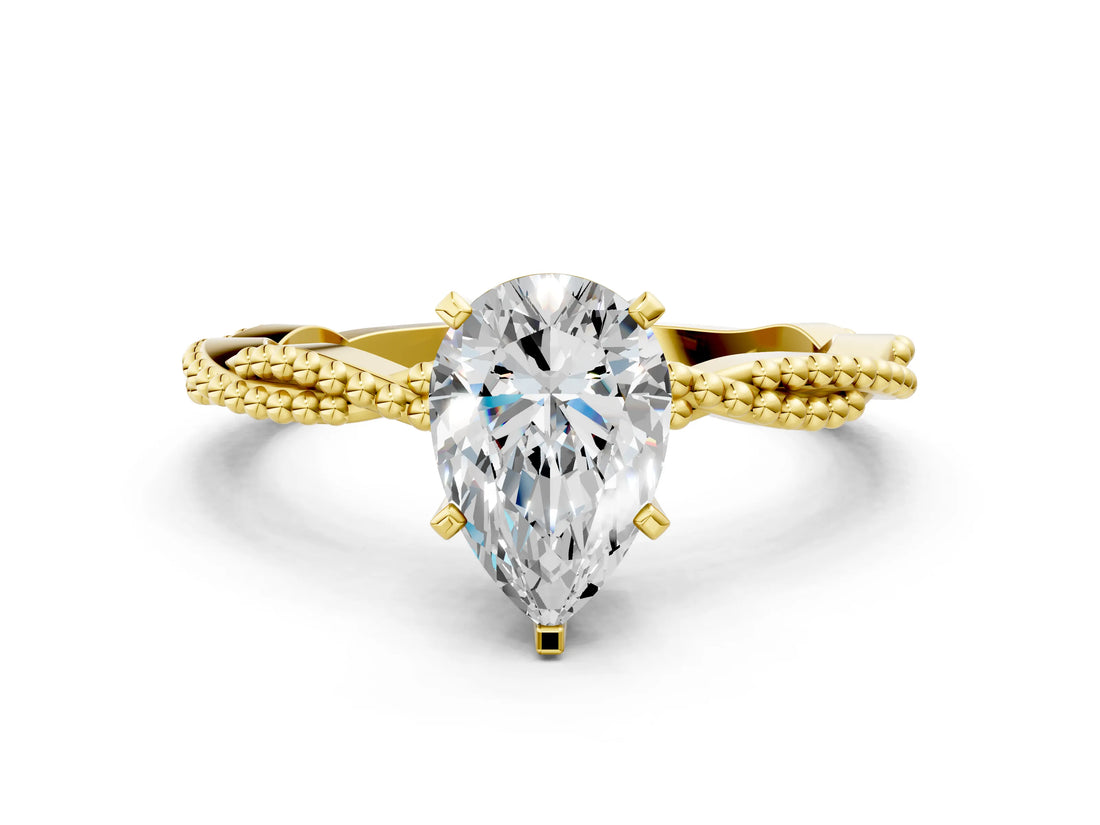 Yellow gold Pear Solitaire Twisted Band with Bead Prong Setting_371