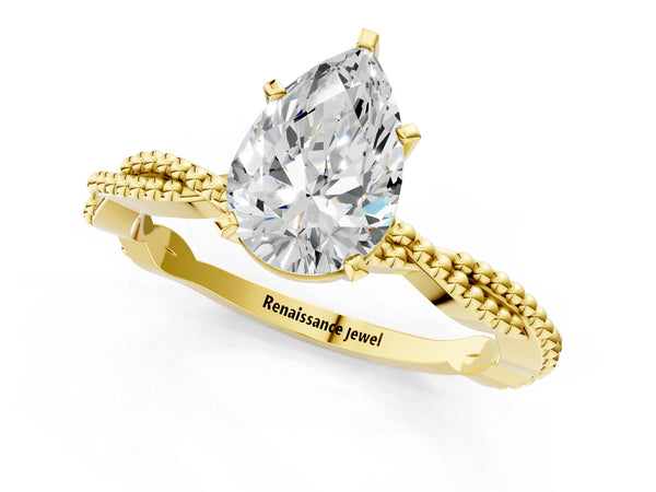 Yellow Gold Pear-Shaped Solitaire Engagement Ring Setting with Beaded Twist Band and Basket Head