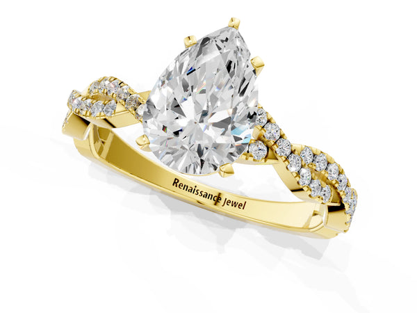 Yellow gold Pear Solitaire Twisted Pave Band with Four-Prong Setting