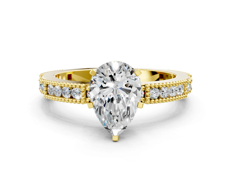 Yellow gold Pear Solitaire with Pavé Band and Four-Prong Setting