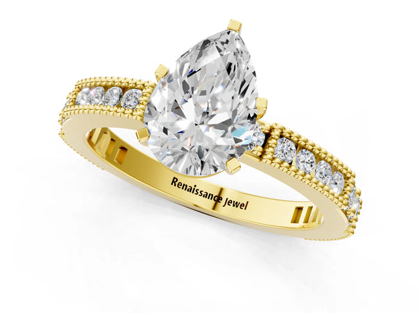 Yellow gold Pear Solitaire with Pavé Band and Four-Prong Setting