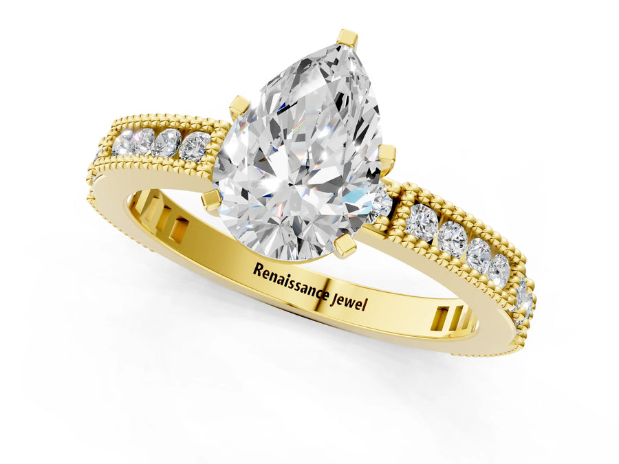 Yellow gold Pear Solitaire with Pavé Band and Four-Prong Setting