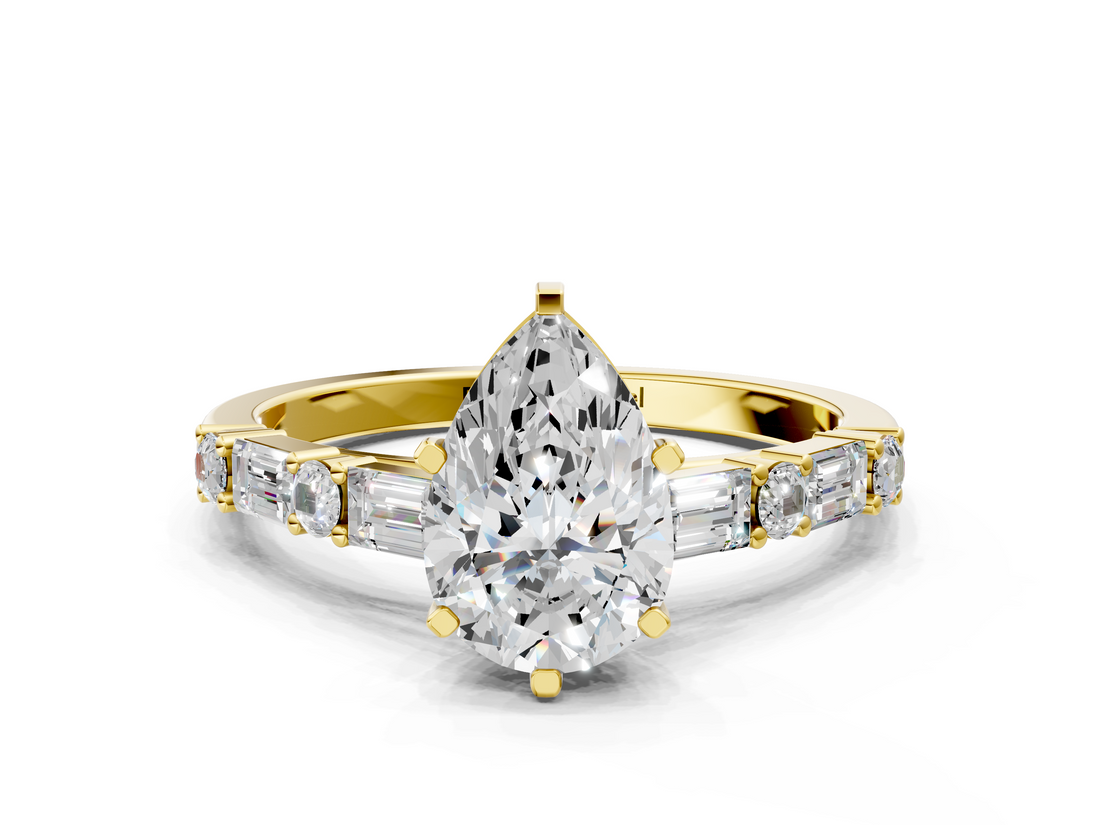 Yellow gold Pear Solitaire with Side Baguettes and Channel Set Band_69