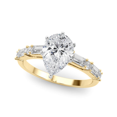 Yellow gold Pear Solitaire with Side Baguettes and Channel Set Band