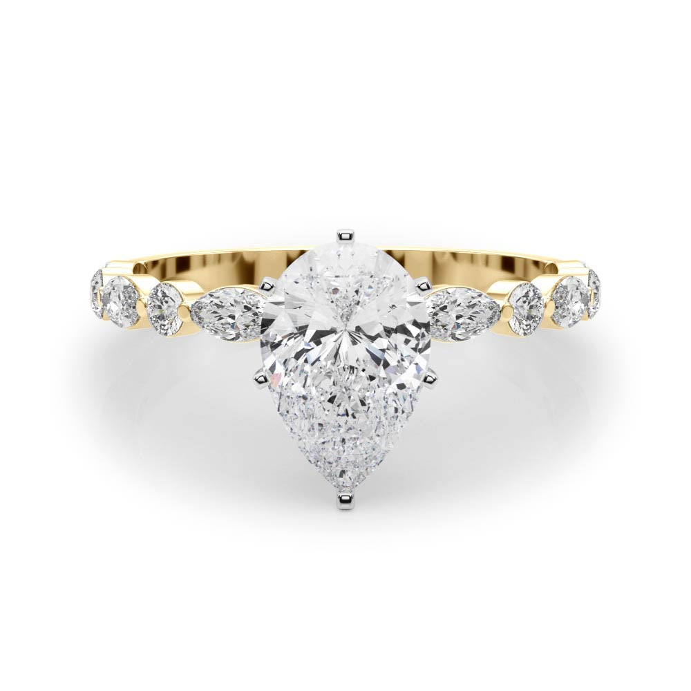 Yellow gold Pear Solitaire with Side Stones on a Pavé Band and Four-Prong Setting 1