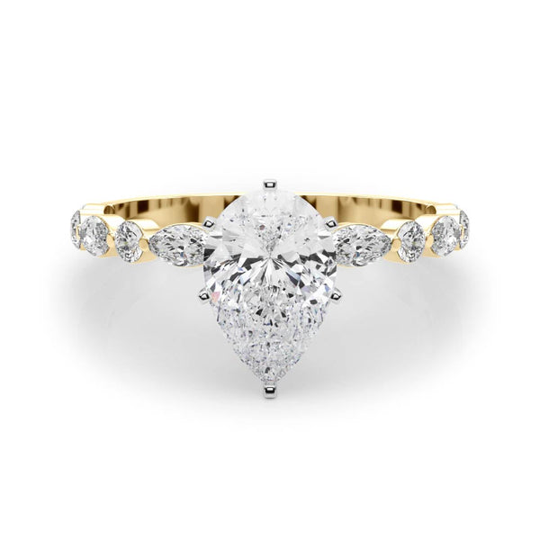 14K Yellow Gold 2.52 Carat F VVS2 Pear Solitaire with Side Stones on a Pavé Band and Four-Prong Setting