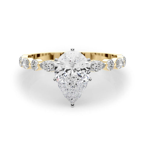 Yellow gold Pear Solitaire with Side Stones on a Pavé Band and Four-Prong Setting 1