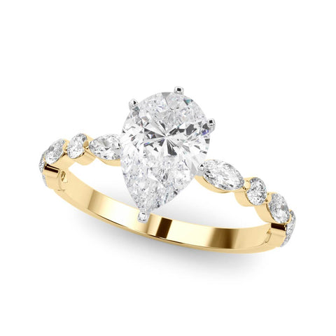 Yellow gold Pear Solitaire with Side Stones on a Pavé Band and Four-Prong Setting
