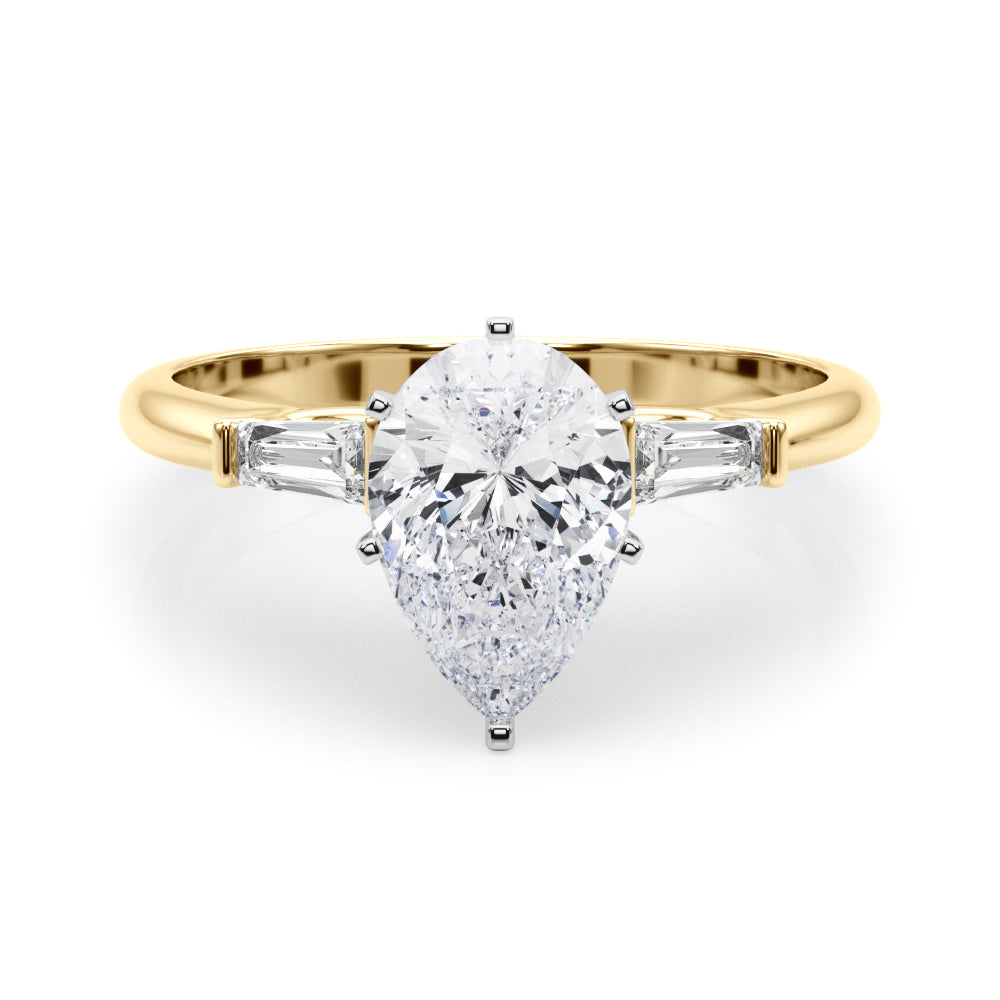 Yellow gold Pear Solitaire with Tapered Baguette Side Stones on a Classic Band with Six-Prong Setting 1