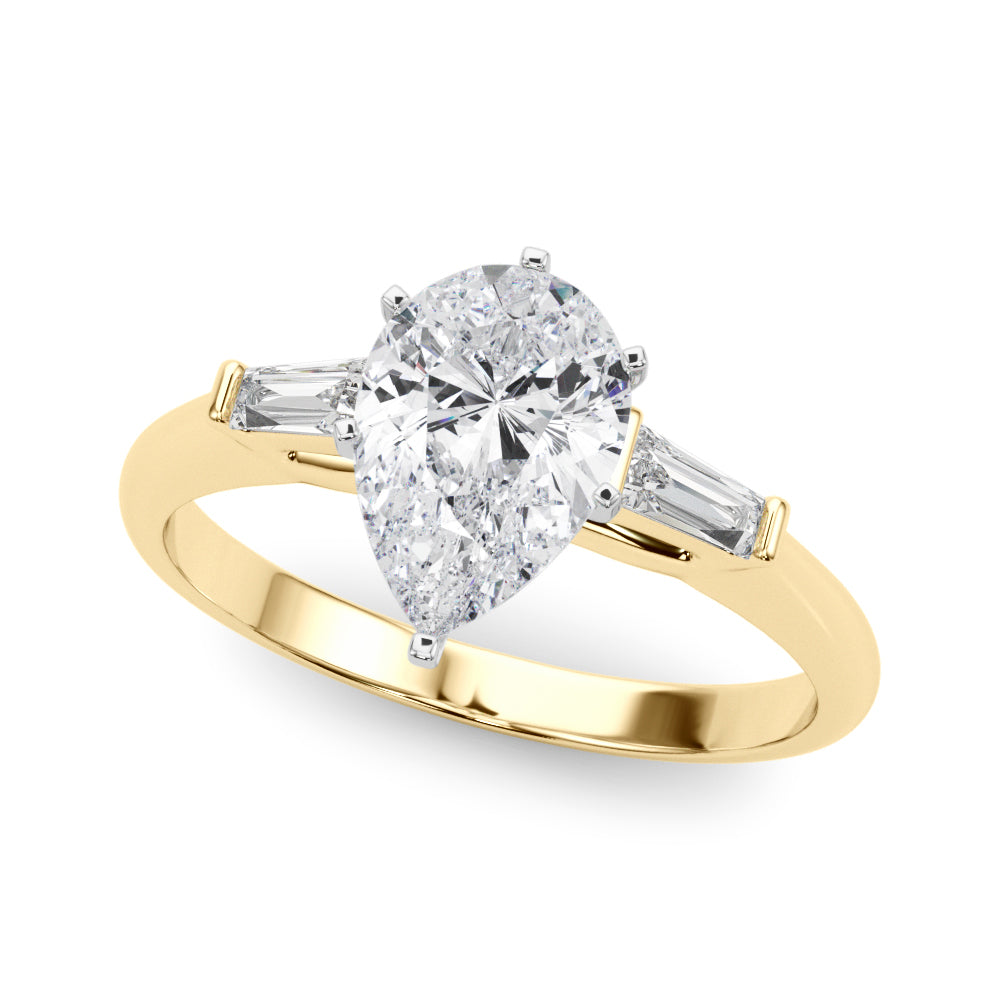 Yellow gold Pear Solitaire with Tapered Baguette Side Stones on a Classic Band with Six-Prong Setting
