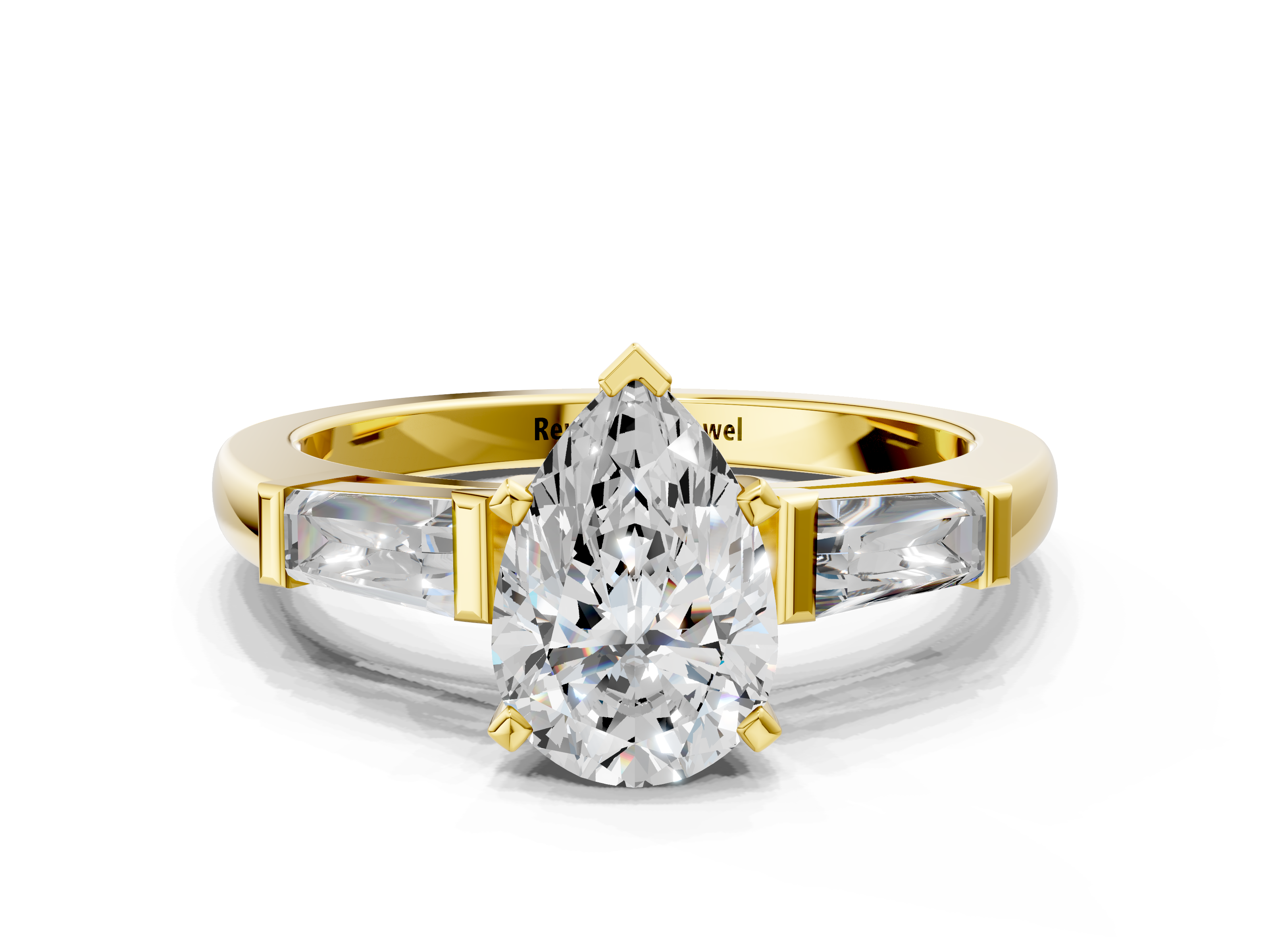 Yellow gold Pear Solitaire with Tapered Baguette Side Stones on a Classic Band with Six-Prong Setting_133