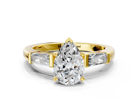 Yellow gold Pear Solitaire with Tapered Baguette Side Stones on a Classic Band with Six-Prong Setting_133