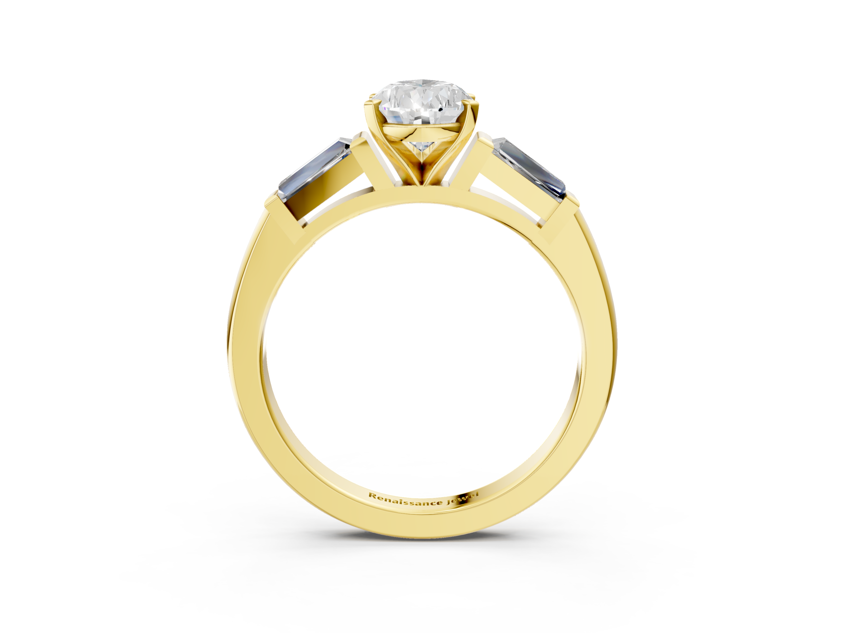 Yellow gold Pear Solitaire with Tapered Baguette Side Stones on a Classic Band with Six-Prong Setting_136