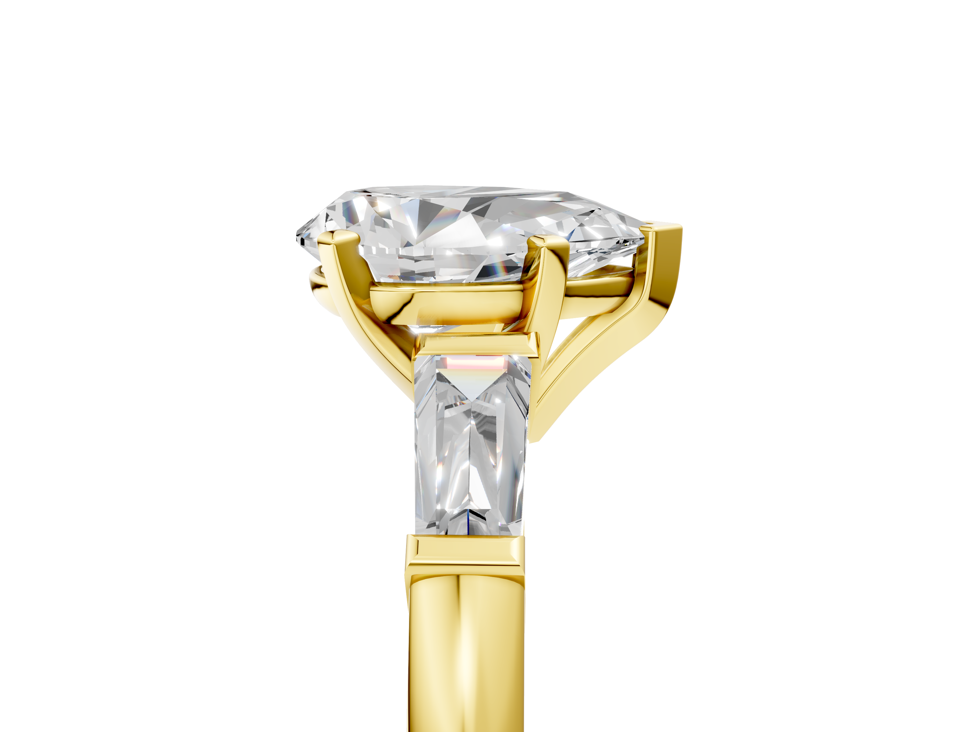 Yellow gold Pear Solitaire with Tapered Baguette Side Stones on a Classic Band with Six-Prong Setting_138