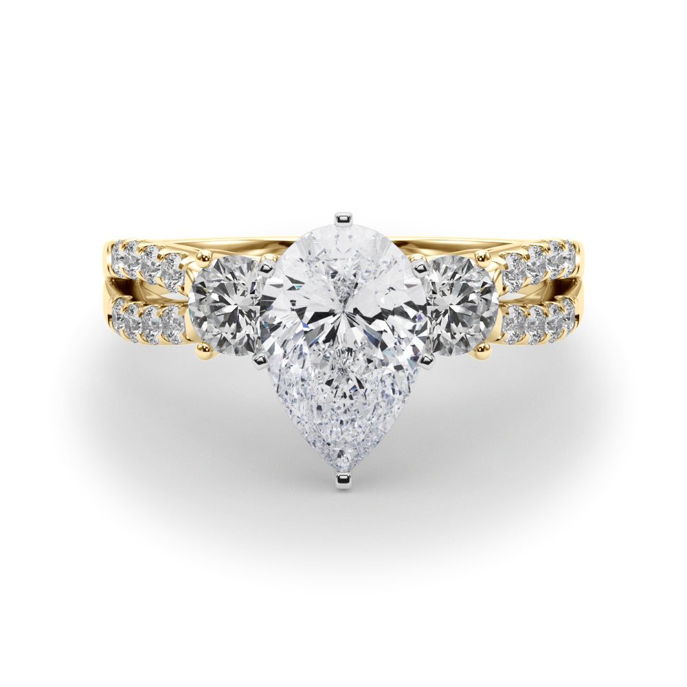 Yellow gold Pear Three-Stone Diamond Ring with Pavé Split Shank and Four-Prong Setting 1