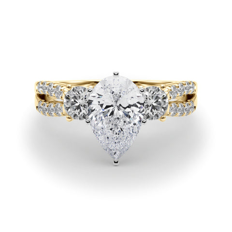 Yellow gold Pear Three-Stone Diamond Ring with Pavé Split Shank and Four-Prong Setting 1