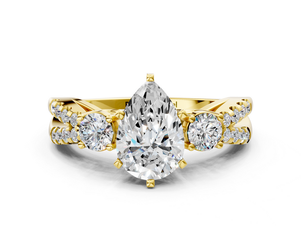 Yellow Gold Pear-Shaped Three Stone Engagement Ring Setting with Pave Split Shank