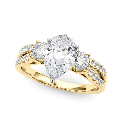 Yellow gold Pear Three-Stone Diamond Ring with Pavé Split Shank and Four-Prong Setting