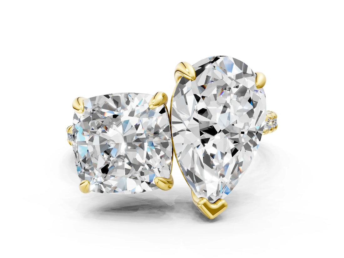Yellow gold Pear and Cushion Toi Moi Ring with Prong Setting and Micro Pave Band
