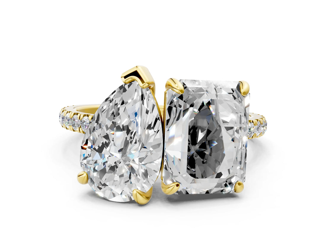 Yellow gold Pear and Emerald Toi Moi Ring with Prong Setting and Micro Pave Band
