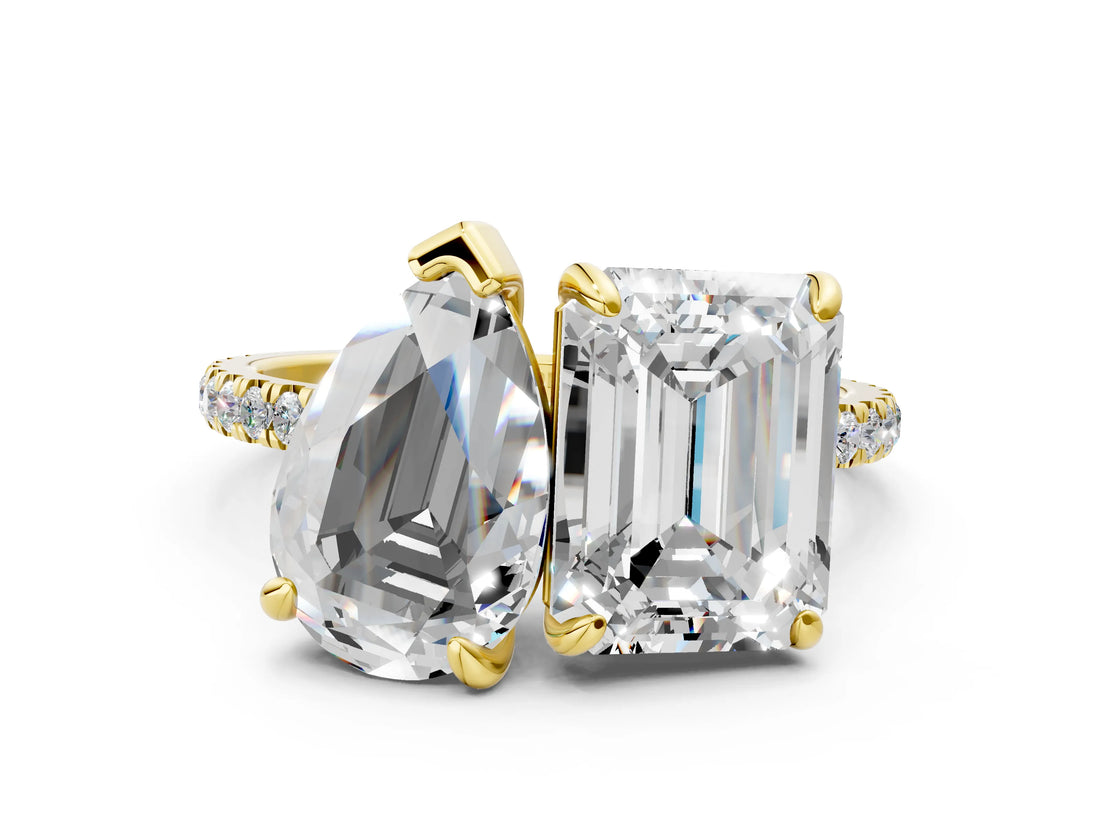 Yellow gold Pear and Emerald Toi Moi Ring with Prong Setting and Micro Pave Band_12