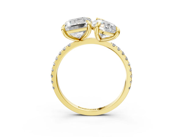 Yellow Gold Pear-Shaped and Emerald Cut Laboratory-Grown Diamond Toi et Moi Engagement Ring