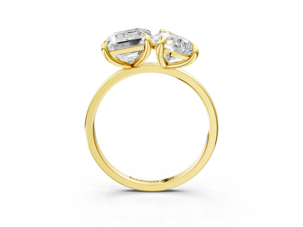Yellow Gold Pear-Shaped and Emerald Cut Lab-Grown Diamond Toi et Moi Ring - Design RJ-2016