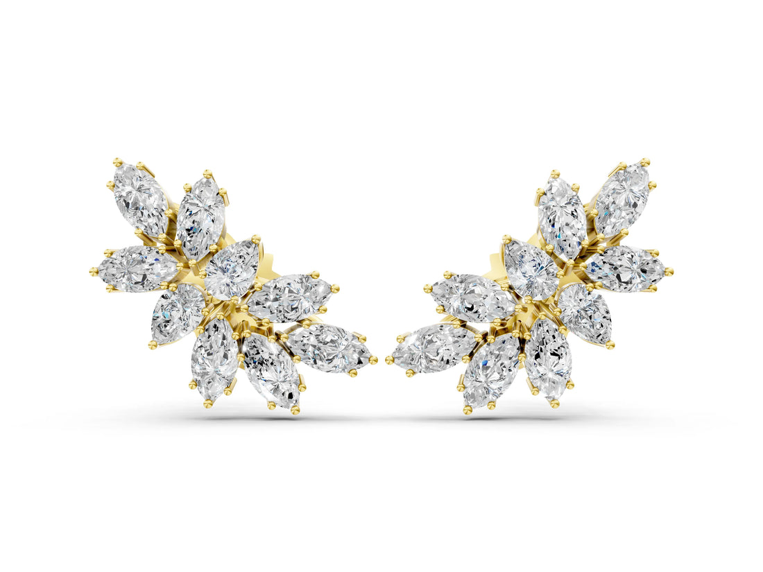 Yellow gold Pear and Marquise Diamond Cluster Stud Earrings