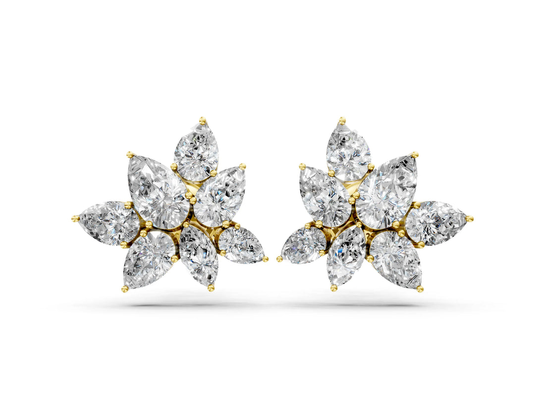 Yellow gold Pear and Marquise Diamond Floral Cluster Stud Earrings