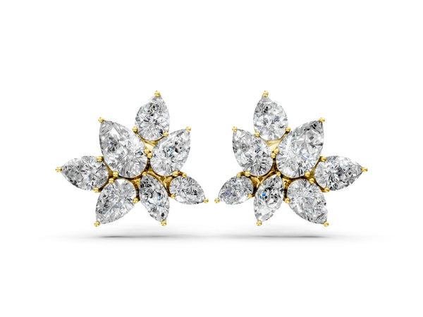 Yellow gold Pear and Marquise Diamond Floral Cluster Stud Earrings