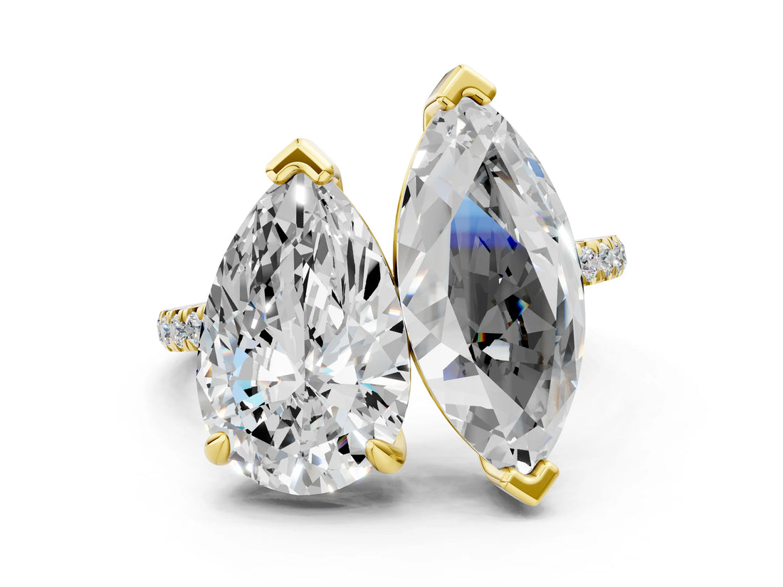 Yellow gold Pear and Princess Toi Moi Ring with Prong Setting and Micro Pave Band